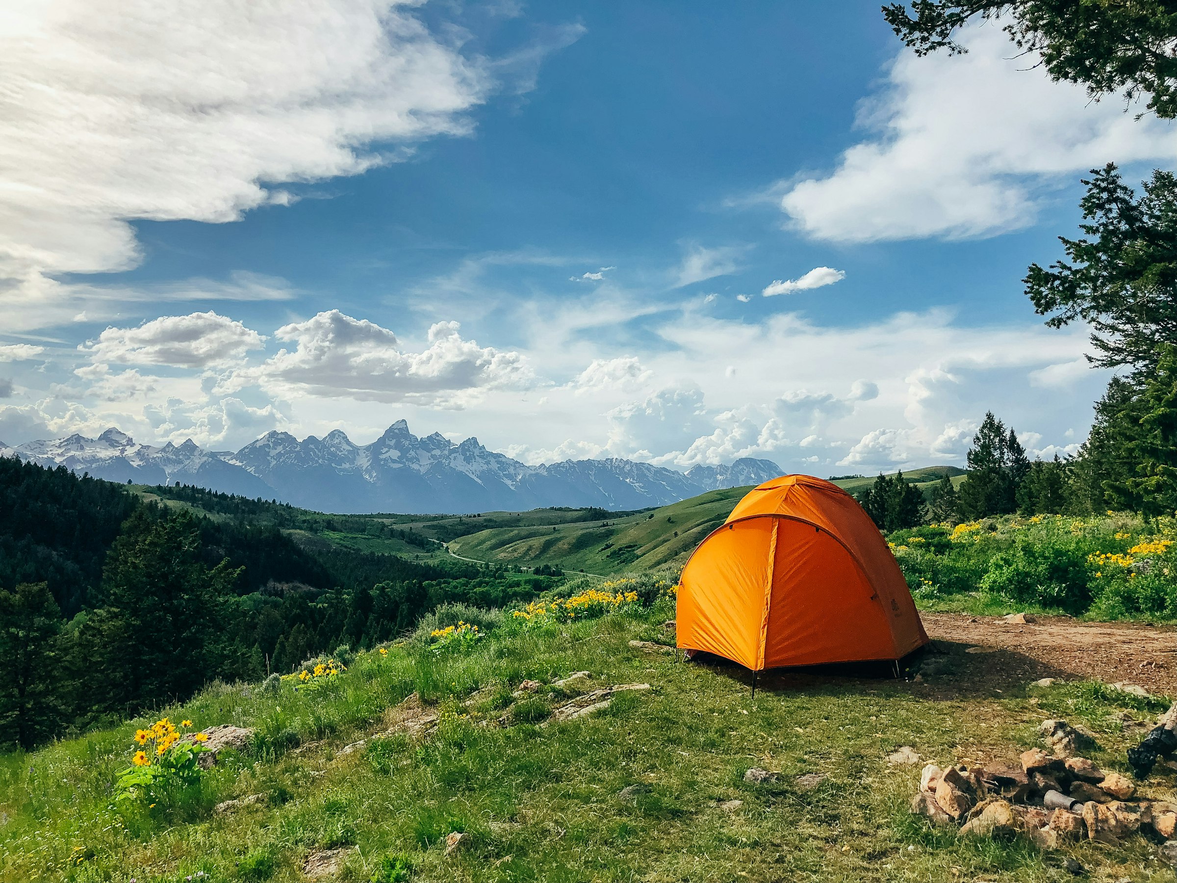 Orange tent pitched in a green mountain valley