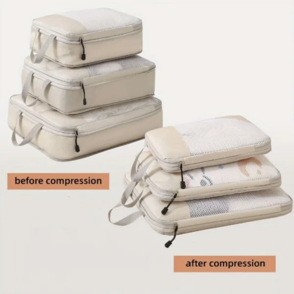 Packing cubes with handbag in lake blue, three compressible cubes with matching handbag on a bed
