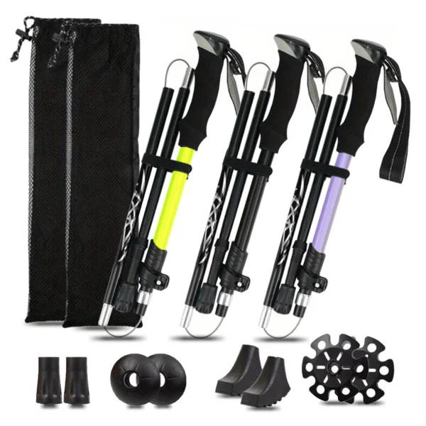 5 section aluminum pole shown folded and fully extended with foam straight grip