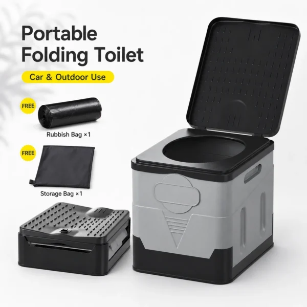 Folding car toilet in gray and black shown open with lid beside its folded flat form