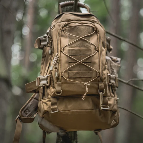 65L tactical backpack in woodland camo nylon with large main compartment