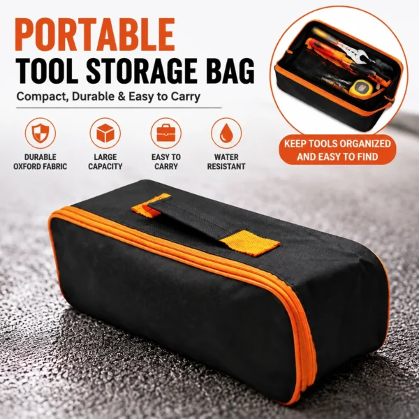 Heavy duty tool bag in Oxford cloth filled with wrenches and hardware on a garage floor