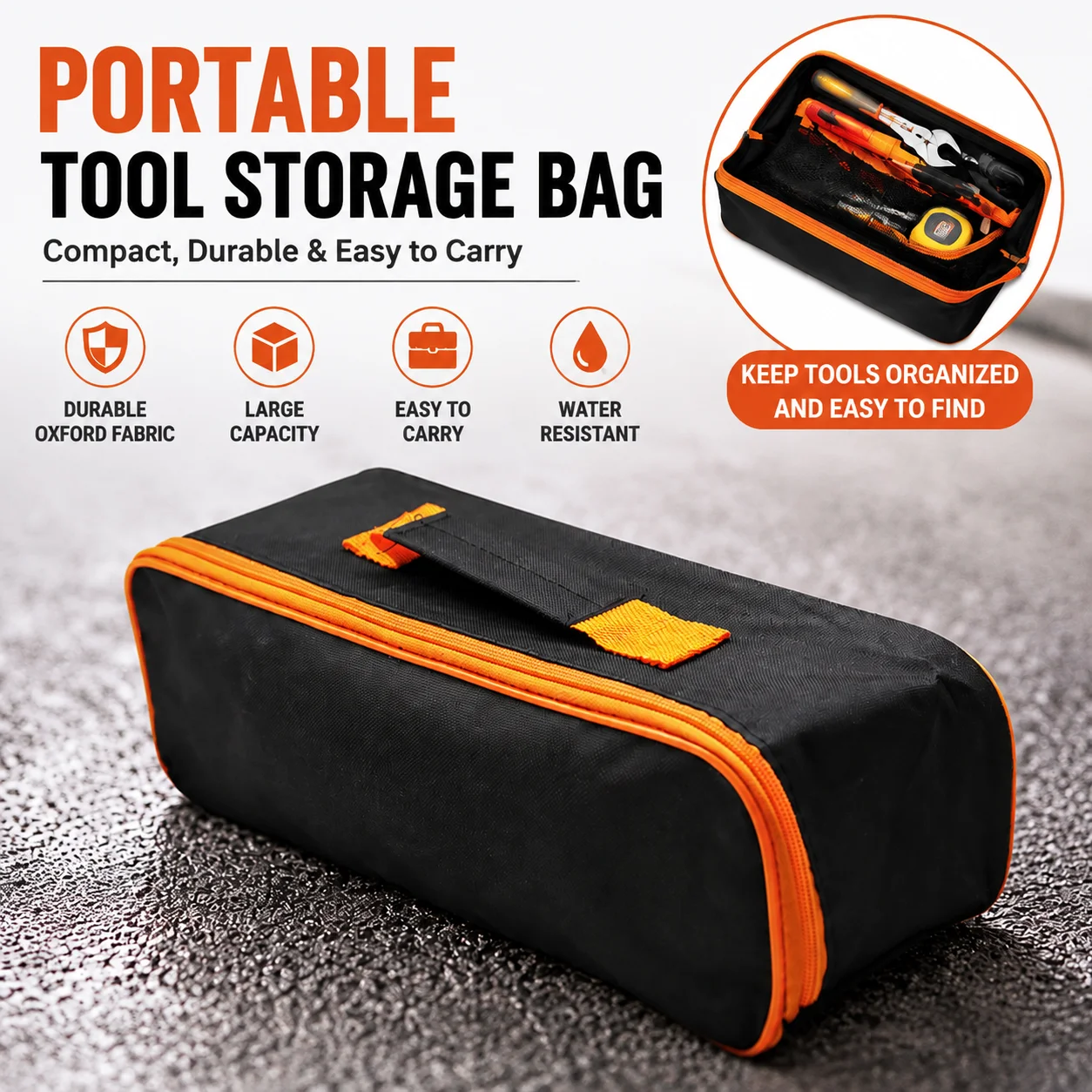 Heavy Duty Tool Bag Oxford Cloth in Small, Medium or Large 1 Heavy duty tool bag in Oxford cloth filled with wrenches and hardware on a garage floor