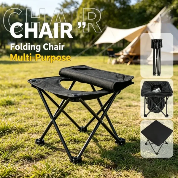 Folding camping toilet stool with carbon steel frame set up beside a tent