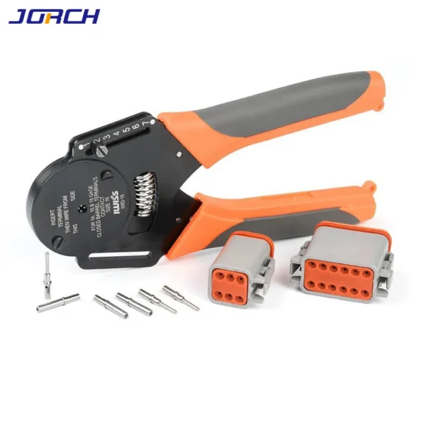 DT connector crimping tool with straight handles shown beside Deutsch style round terminals