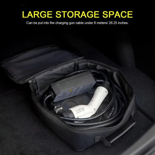 EV charging equipment bag in black Oxford cloth holding a coiled charging cable