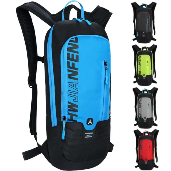 Compact hydration backpack in red polyester with adjustable straps and bladder hose