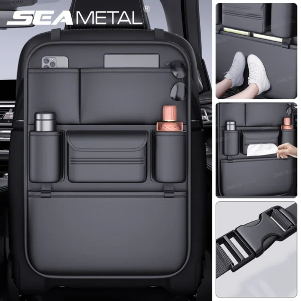 PU leather backseat organizer with six pockets and a tissue holder on a car seat back