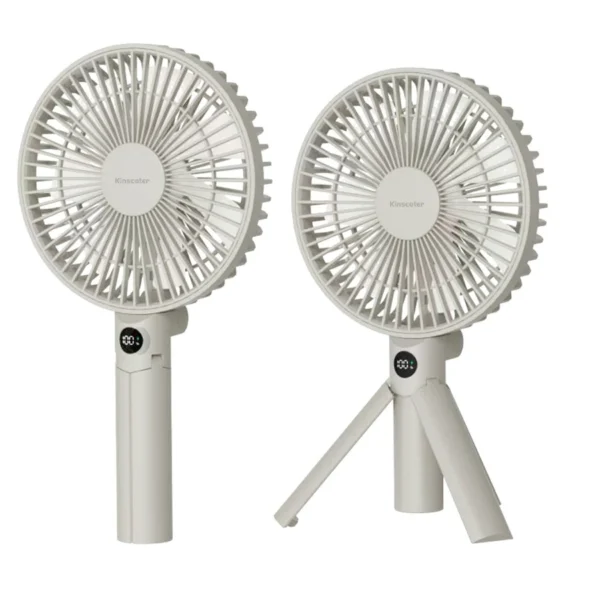 Foldable tripod fan in khaki standing on its tripod base with LED display visible