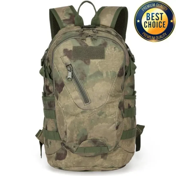 Tactical laptop backpack in EMR camouflage with a 14 inch laptop sliding into the main compartment