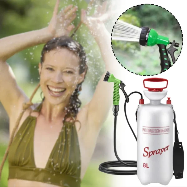 Portable outdoor shower with plastic water tank and 3m hose ready for camping use