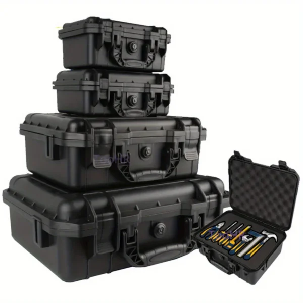 Waterproof hard carry case open showing pre-cut sponge holding a camera and accessories