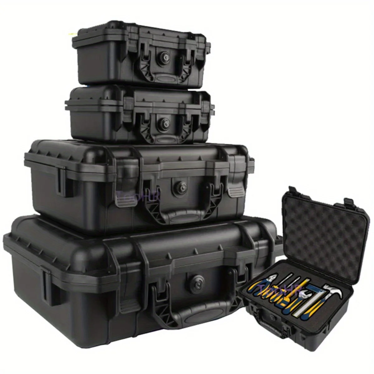 Waterproof Hard Carry Case with Pre-Cut Sponge, 6 Sizes 1 Waterproof hard carry case open showing pre-cut sponge holding a camera and accessories
