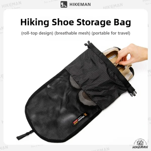 Gray waterproof shoe travel bag holding hiking shoes next to a backpack on a trail
