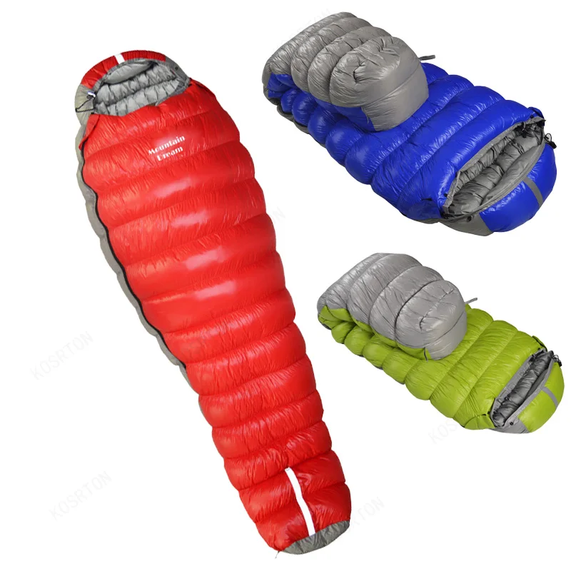 Goose Down Sleeping Bag, Oversized Mummy for Winter 220 x 90 cm 1 Oversized mummy goose down sleeping bag with ripstop nylon shell laid out in a snowy winter campsite
