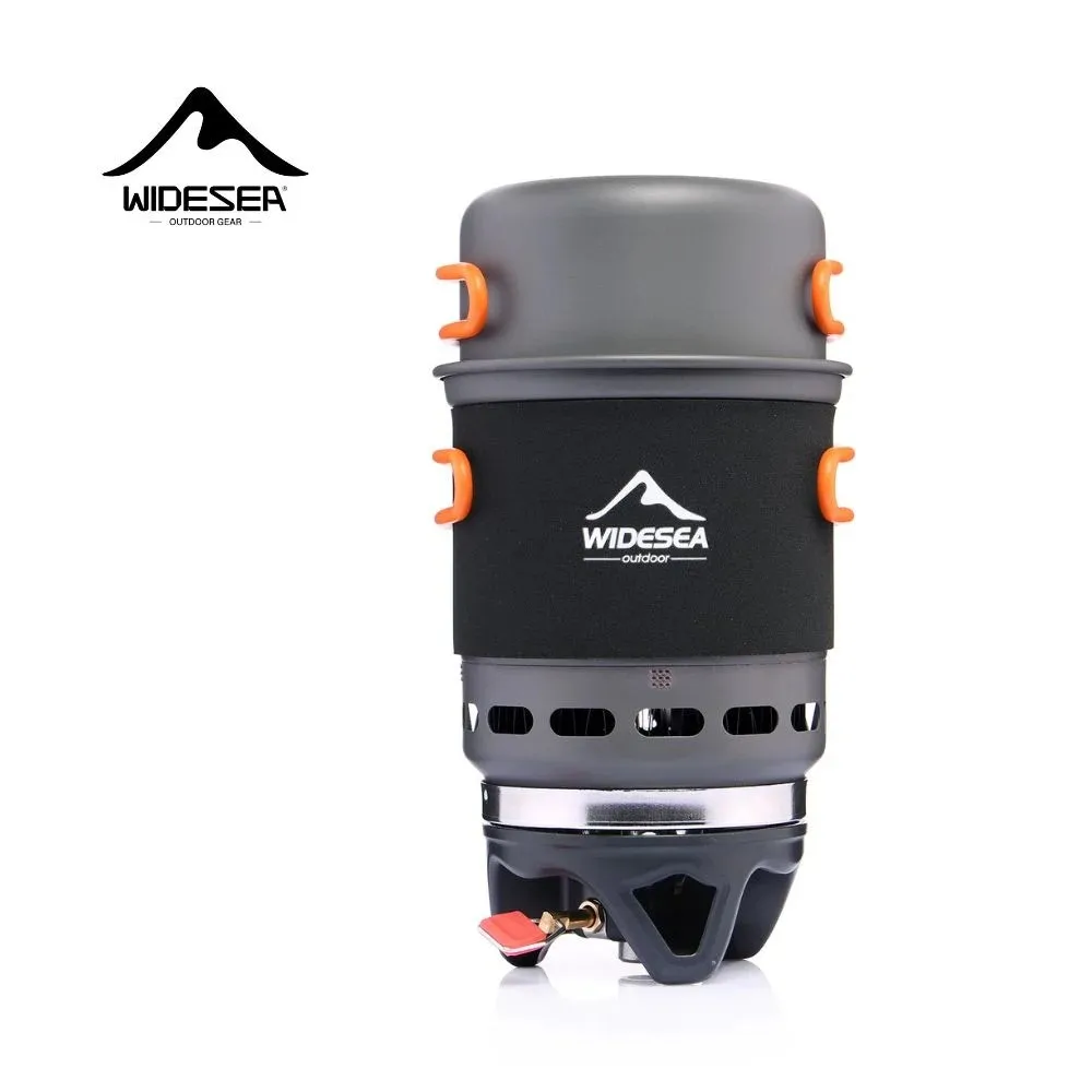 Camping Cooking System with Heat Exchanger Pot and Gas Burner 1 Widesea camping cooking system with heat exchanger pot on a gas burner and canister bracket
