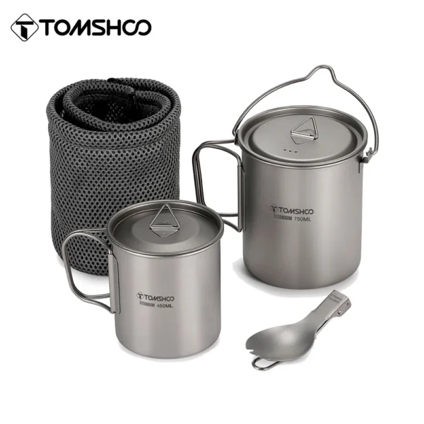 Titanium solo cook set showing the 750ml lidded pot, 450ml cup and folding spork together