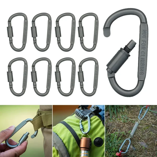 Survival keychain carabiners in aluminum shown as a group of clips with a set of keys