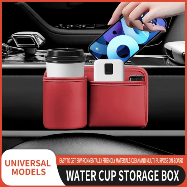 Caramel leather adhesive car storage pocket holding a phone beside a car seat