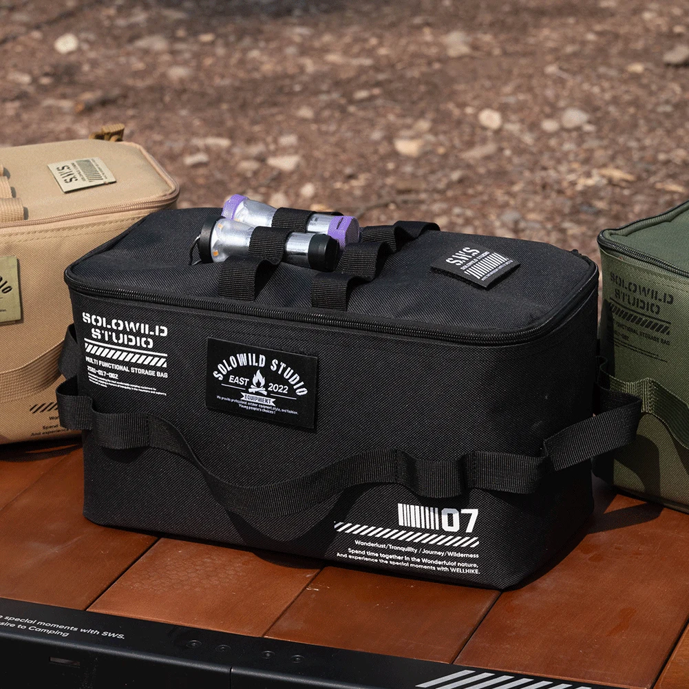 Gas Tank Storage Bag with Mesh Lid Pocket and Removable Dividers 1 Khaki gas tank storage bag open with dividers holding a camp stove, gas canister and mugs