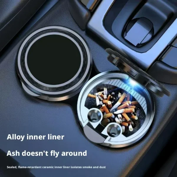 LED car ashtray with sealed lid sitting in a car cup holder, its light glowing