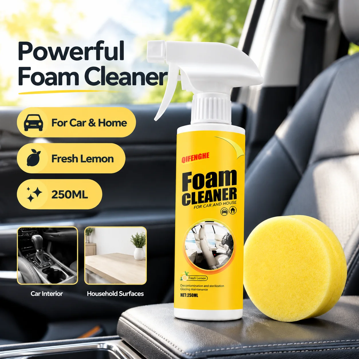 Lemon Foam Cleaner Spray 250 ml for Car and Home with 2 Sponges 6 Lemon Foam Cleaner Spray 250 ml for Car and Home with 2 Sponges - view 6