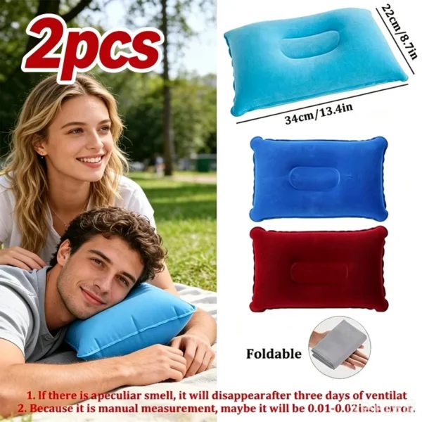 Inflatable air pillow set shown inflated with two ultralight travel pillows side by side