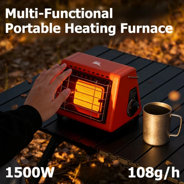 Portable gas tent heater in stainless steel with orange accents set up on a camp table