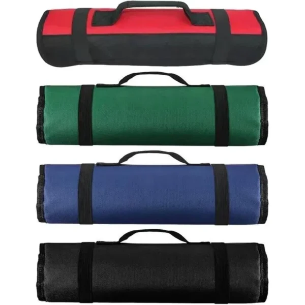 Folding wrench roll bag unrolled to show partitioned pockets and reinforced carry handles