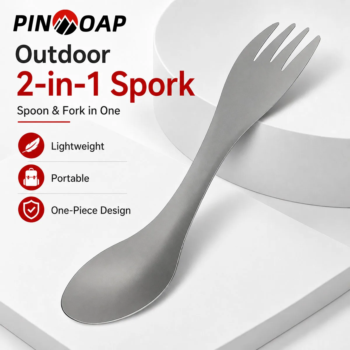 Titanium Camping Spork, 2 in 1 Spoon and Fork, PINMOAP 1 Titanium camping spork with spoon and fork ends resting on a camping pot
