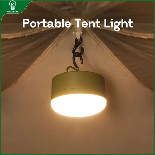 MOSLIGHTING mini hanging tent light glowing from the roof loop of a dome tent at night