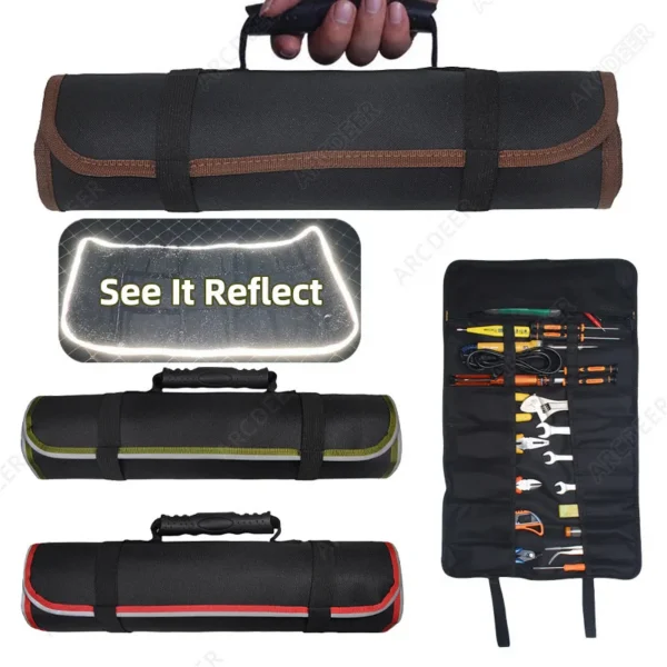 22 pouch tool roll unrolled with pockets for pliers, screwdrivers and sockets in Oxford fabric