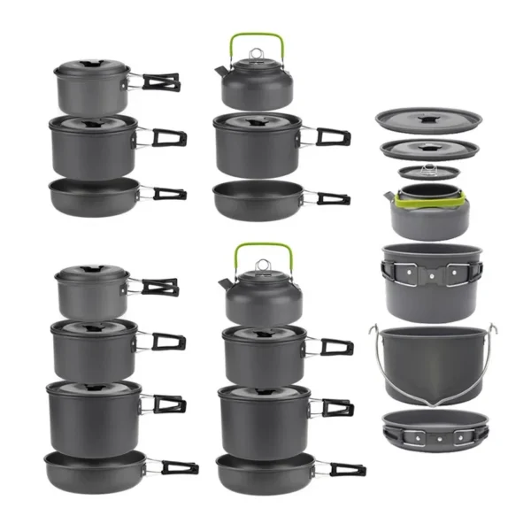 Family camping cookware set with nesting aluminum pots, kettle and carrying bag on a picnic table