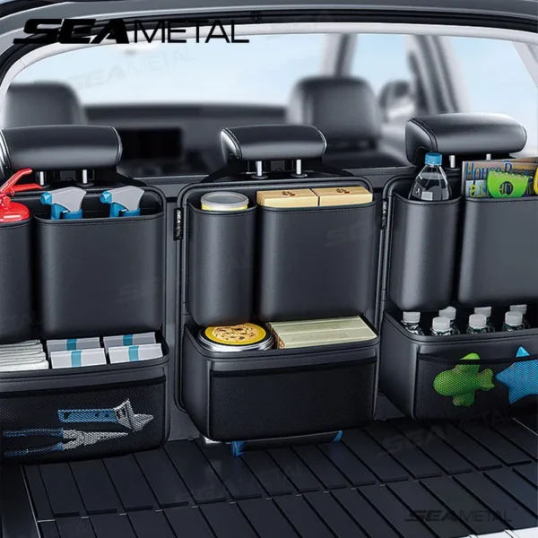 Leatherette trunk organizer with pockets hanging on the back of an SUV rear seat