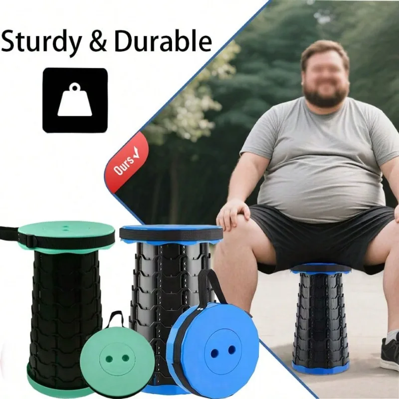 Cylindrical Folding Stool Height Adjustable for Fishing Trips 1 Cylindrical folding stool opened to seating height for fishing and hiking breaks outdoors