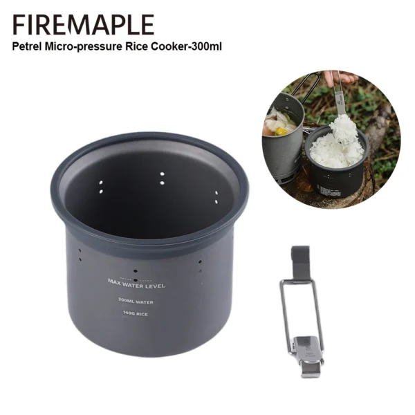 Fire-Maple Petrel camping rice cooker insert with locking clasp beside a pot of cooked rice