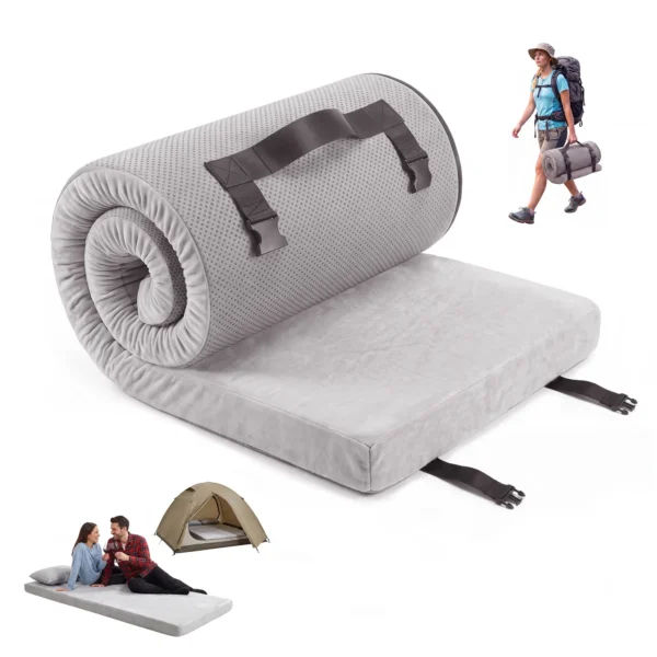 Roll up camping mattress in gel memory foam shown half unrolled with its straps and carry handle