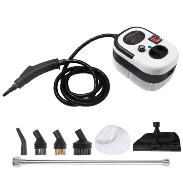 High temperature steam cleaner with brush head steaming a car floor mat
