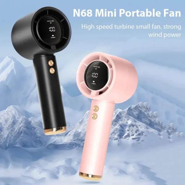 Mini handheld USB fan in white held up to cool a camper on a sunny day