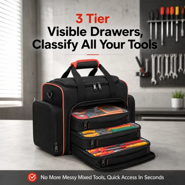 Drawer electrician tool backpack with three visible drawer tiers in waterproof Oxford cloth