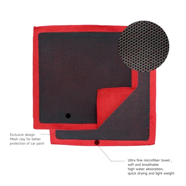 Car detailing clay towel showing the microfiber side and the rubber mesh coated side