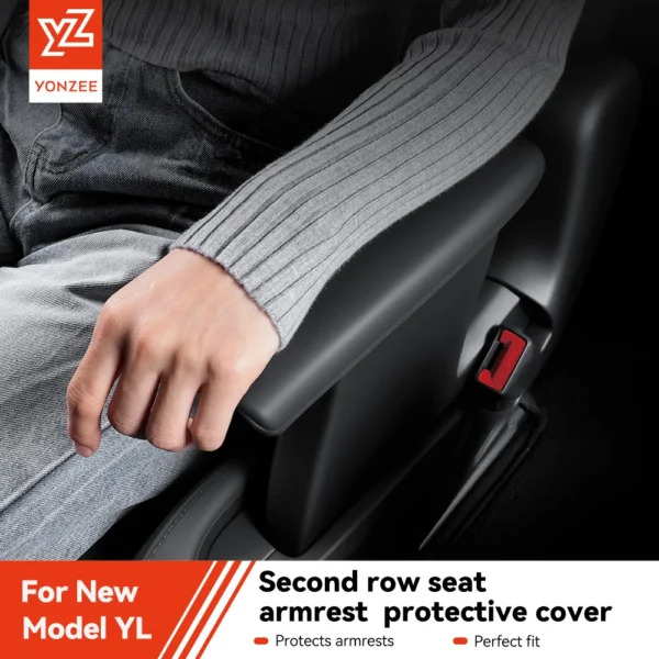 Black silicone armrest cover fitted on the rear second row armrest of a Tesla Model YL