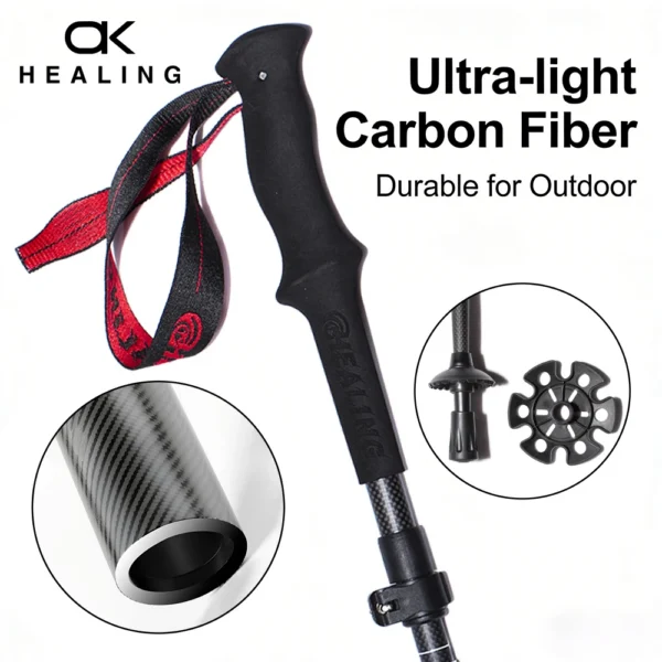 Telescopic carbon trekking poles pair folded with EVA grips and carbon tungsten steel tips