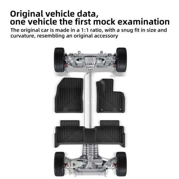 Black TPE RHD car floor mats and trunk liner laid out for a Chery Jaecoo 5 EV
