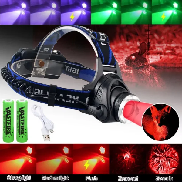 Zoomable hunting headlamp with green beam, aluminum lamp head and adjustable elastic headband