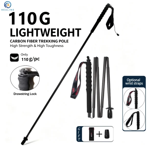 Full carbon trekking pole in red folded into five sections with EVA grip and tungsten tip