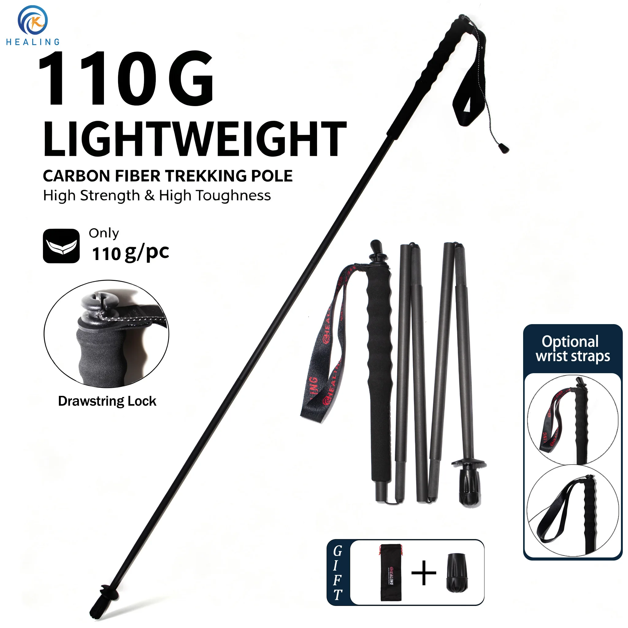Full Carbon Trekking Pole 110g Ultralight Folding 5 Section 1 Full carbon trekking pole in red folded into five sections with EVA grip and tungsten tip