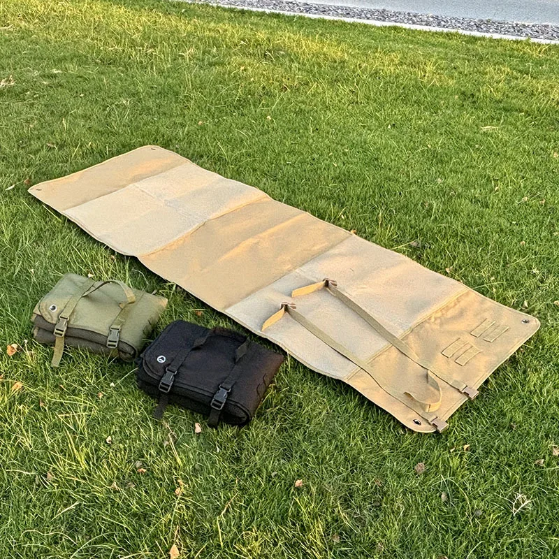 Foldable Tactical Gear Mat 200 x 75 cm Waterproof Oxford 1 Army green foldable tactical gear mat laid out on grass with camping gear on top