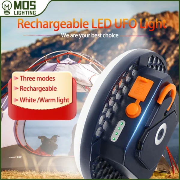 Magnetic camping lantern with hanging hook attached to a metal surface, glowing warm white