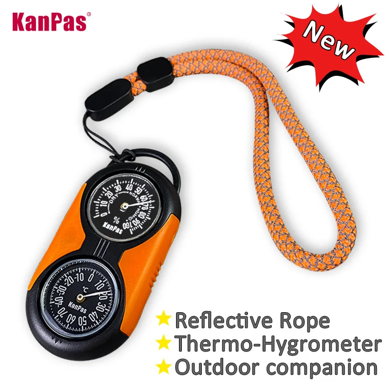 Thermometer Compass Kit with Hygrometer Zinc Metal Housing KANPAS 1 Thermometer compass kit with zinc metal housing, analog hygrometer dial and orange reflective cord